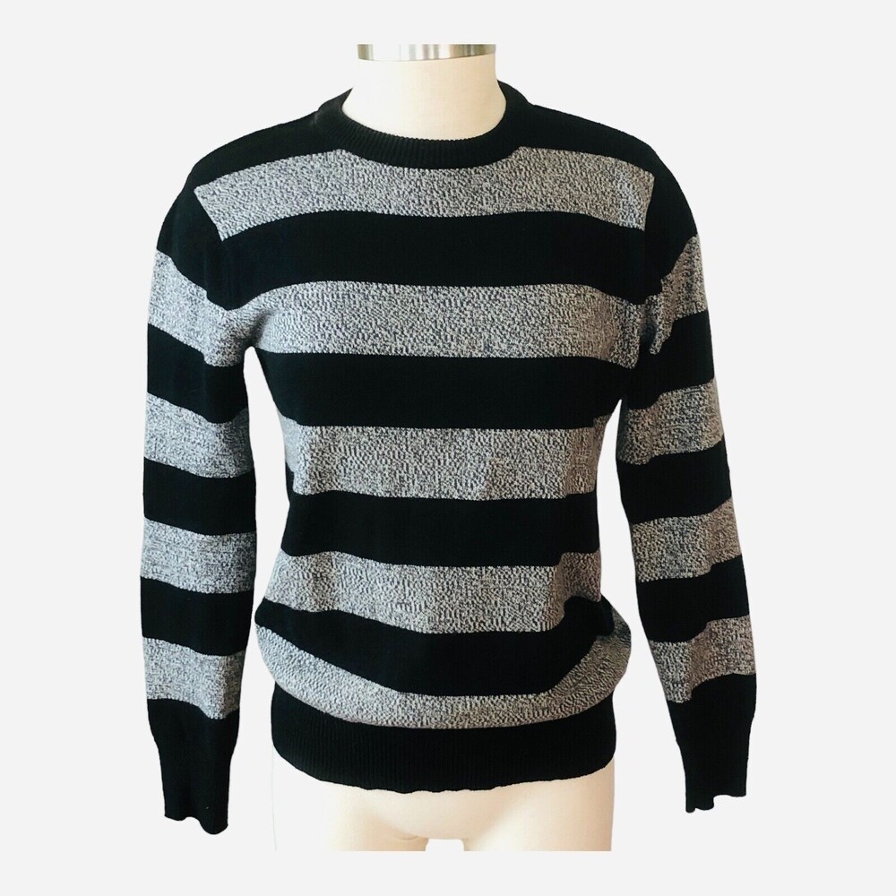 Cat & Jack Women L(14-16) Black/Gray Stripe Crew Neck Long Sleeve Sweater